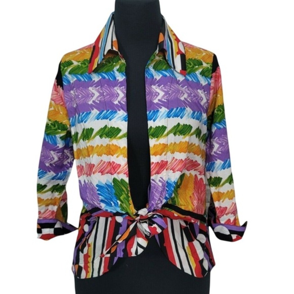 Mischa Womens‎ Colorful Abstract Print Tie Open Front Cotton Popover Blouse M
